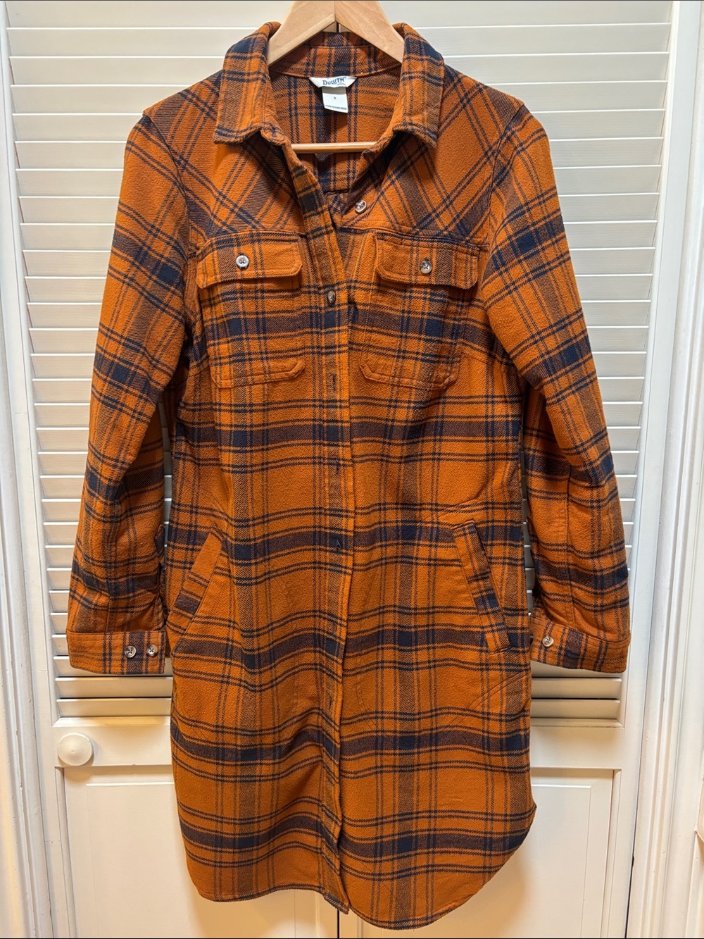 Duluth Trading Co Orange and Navy Plaid Utility Shacket